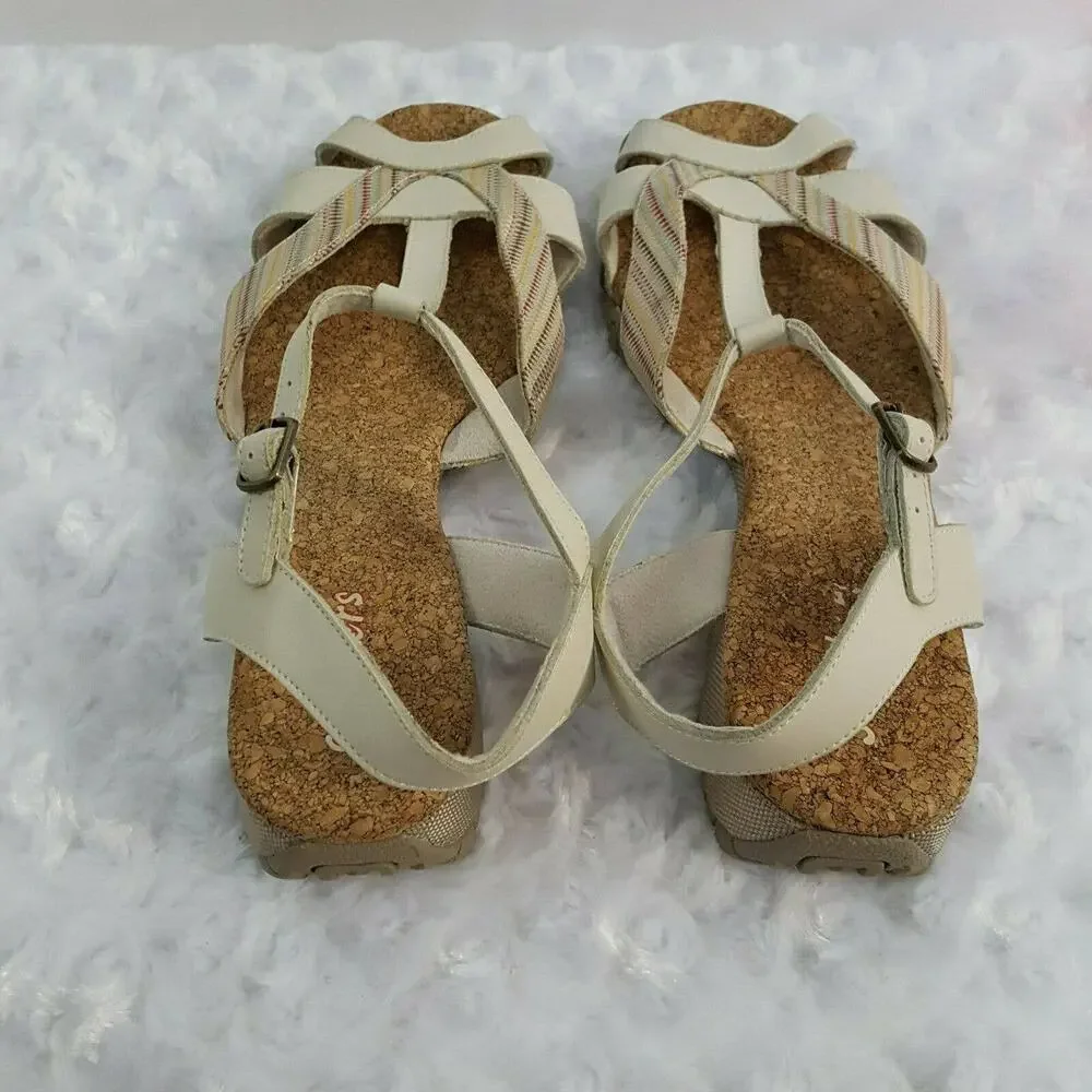 Skechers Womens 10 Sandals T-Strap Beige Striped Strappy Cork Footbed Comfort - Picture 7 of 10